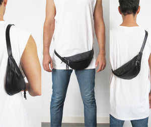 Black soft leather fannypack, belt bag, crossbody pouch. Great for long active days, nights out, travel and more.