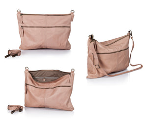 nude designer messenger bag handmade with soft Italian Napa leather suitable for laptops up to 17in with adjustable & detachable matching leather strap can be carries as a crossbody bag, shoulder bag, oversized clutch