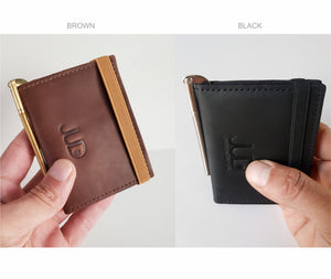 Handmade Italian leather bifold wallet with a unique metal clip for bills and a coins pocket. The perfect lightweight slim wallet, cards wallet, and gift for men.