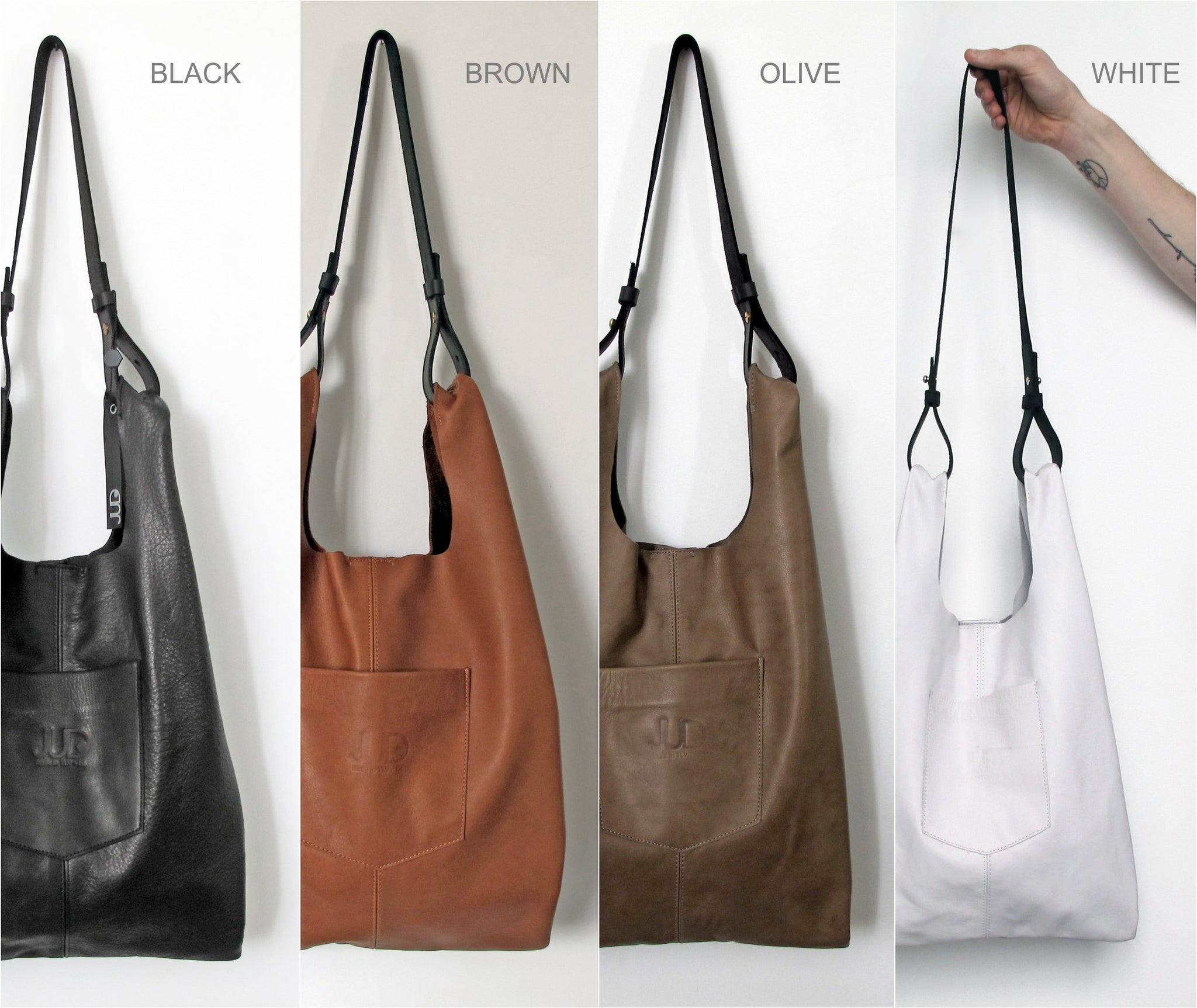 Soft leather tote bag handmade with premium quality Italian Napa leather. Available in black, white, brown and olive green