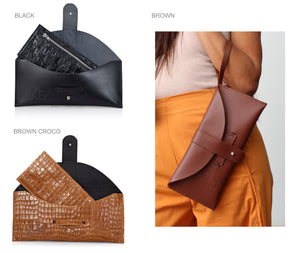 leather envelope wristlet clutch designer purse handmade with durable quality leather available in black, brown and crocodile brown