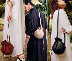 Woven leather bag. Luxury bag handmade in Italy. Bucket Bag - Nude