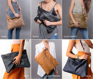 designer messenger bag handmade with soft Italian Napa leather suitable for laptops up to 17in with adjustable & detachable matching leather strap can be carries as a crossbody bag, shoulder bag, oversized clutch, available in black, navy blue, gray, olive green, camel and nude