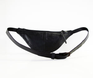 Black soft leather fannypack, belt bag, crossbody pouch. Great for long active days, nights out, travel and more.