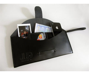 Black leather envelope wristlet clutch designer purse handmade with durable quality leather