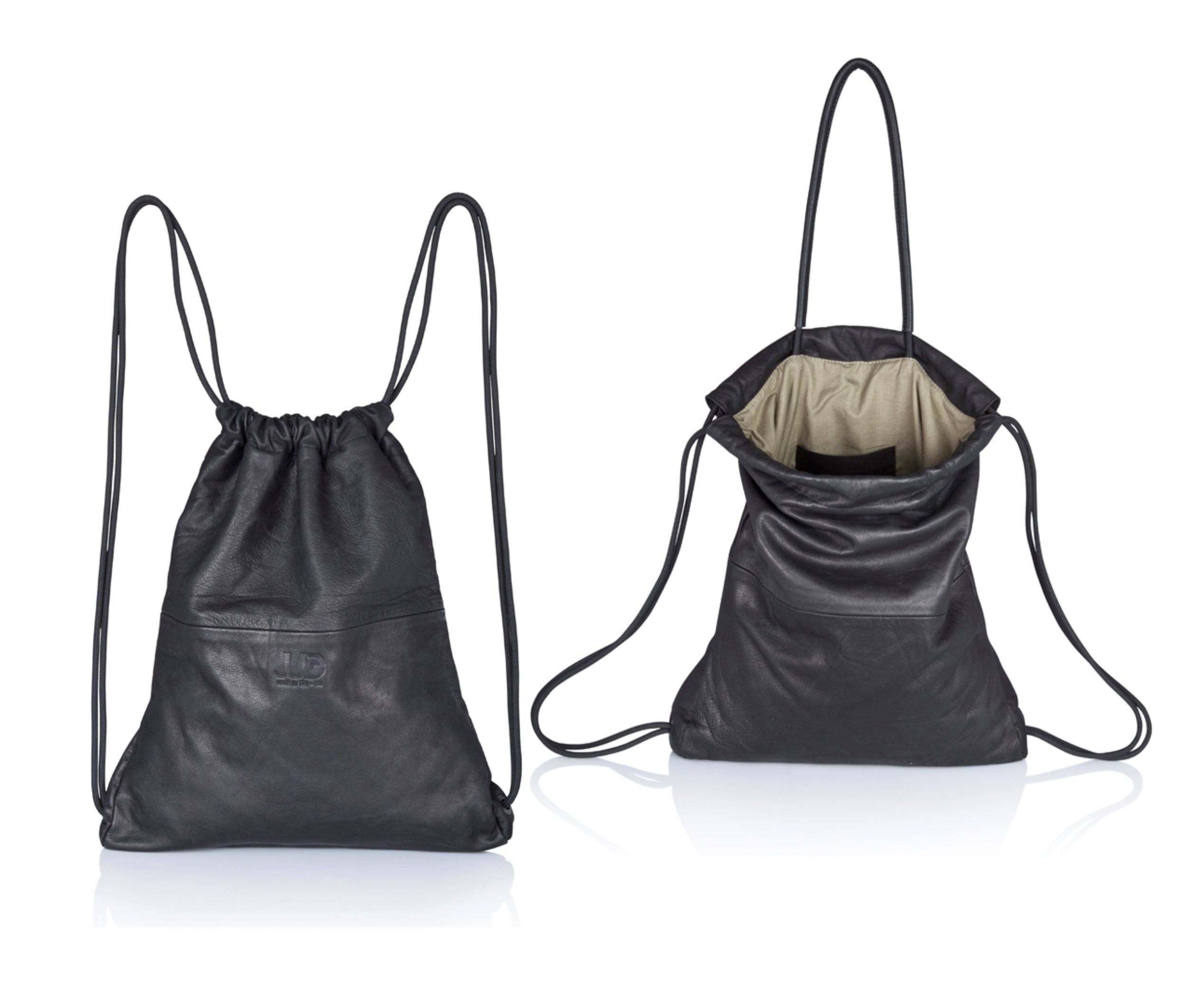 Leather Drawstring Backpack Tote, Sack bag, String Bag Black