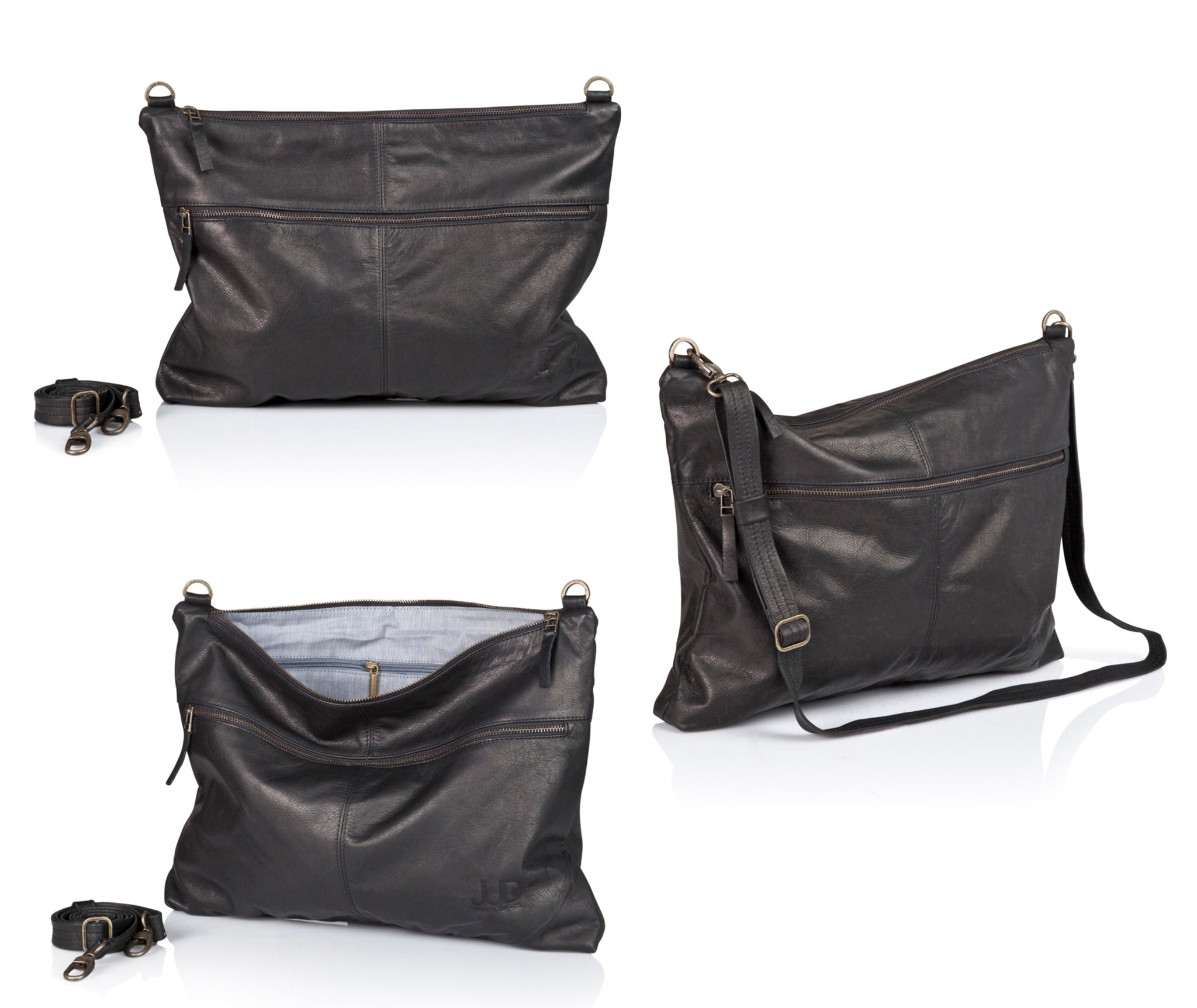 Black designer messenger bag handmade with soft Italian Napa leather suitable for laptops up to 17in with adjustable & detachable matching leather strap can be carries as a crossbody bag, shoulder bag, oversized clutch