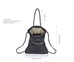 Multi-way leather drawstring backpack crafted with soft Italian Napa leather, adjustable back straps, and leather-covered inner top handles. This style is versatile and can be carried as a backpack, tote, or on the shoulder. Its ideal minimalist design is suitable for long active days & use. Suitable for laptops up to 15inch.