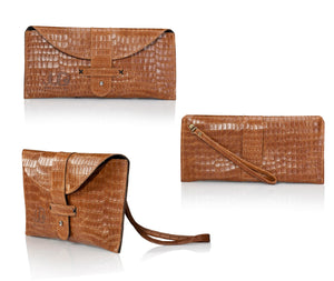 crocodile brown leather envelope wristlet clutch designer purse handmade with durable quality leather  