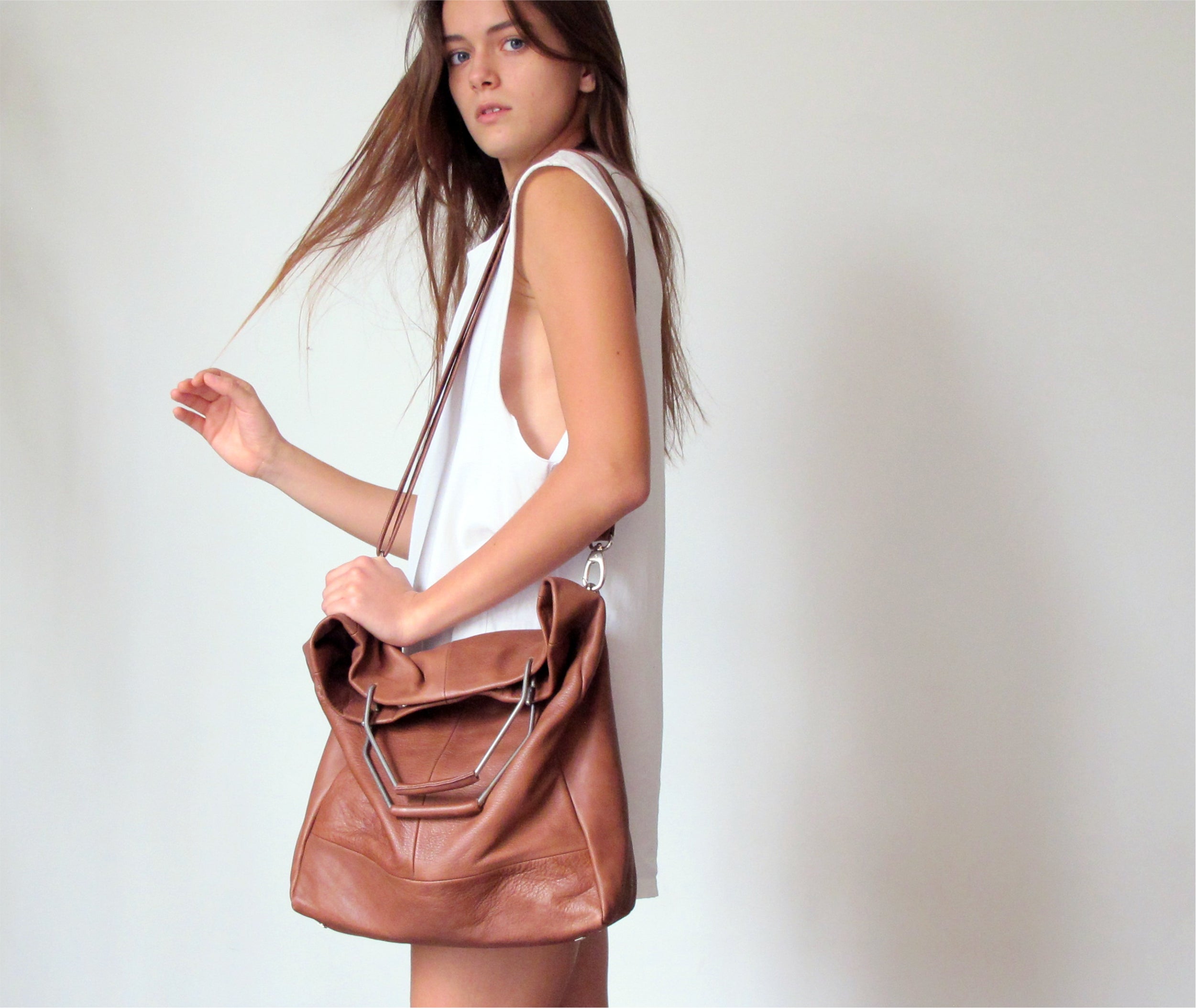 3in1 Foldover Leather Tote & Crossbody Bag Soft Italian Napa