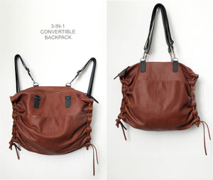 3in1 Convertible Backpack, Tote & Crossbody Bag In Soft Italian Napa Leather Cognac brown
