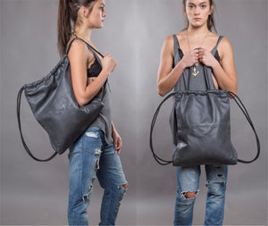 Leather Drawstring Backpack Tote, Sack bag, String Bag Gray
