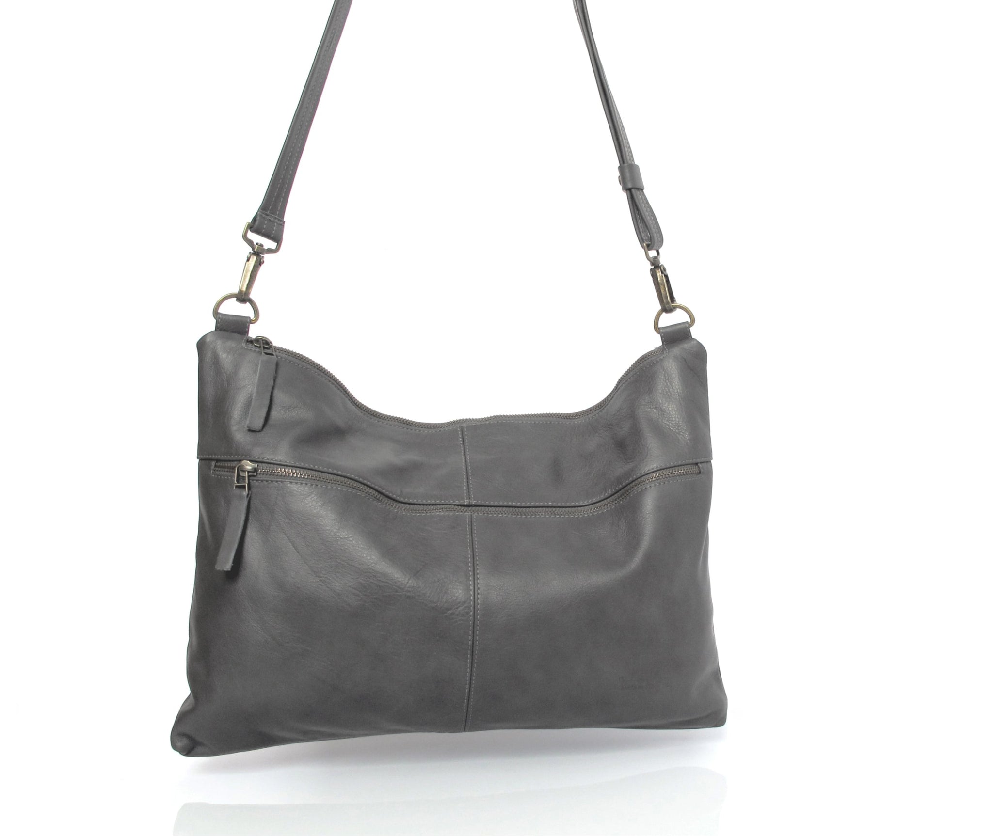 gray designer messenger bag handmade with soft Italian Napa leather suitable for laptops up to 17in with adjustable & detachable matching leather strap can be carries as a crossbody bag, shoulder bag, oversized clutch