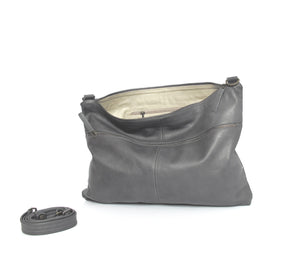 Gray designer messenger bag handmade with soft Italian Napa leather suitable for laptops up to 17in with adjustable & detachable matching leather strap can be carries as a crossbody bag, shoulder bag, oversized clutch
