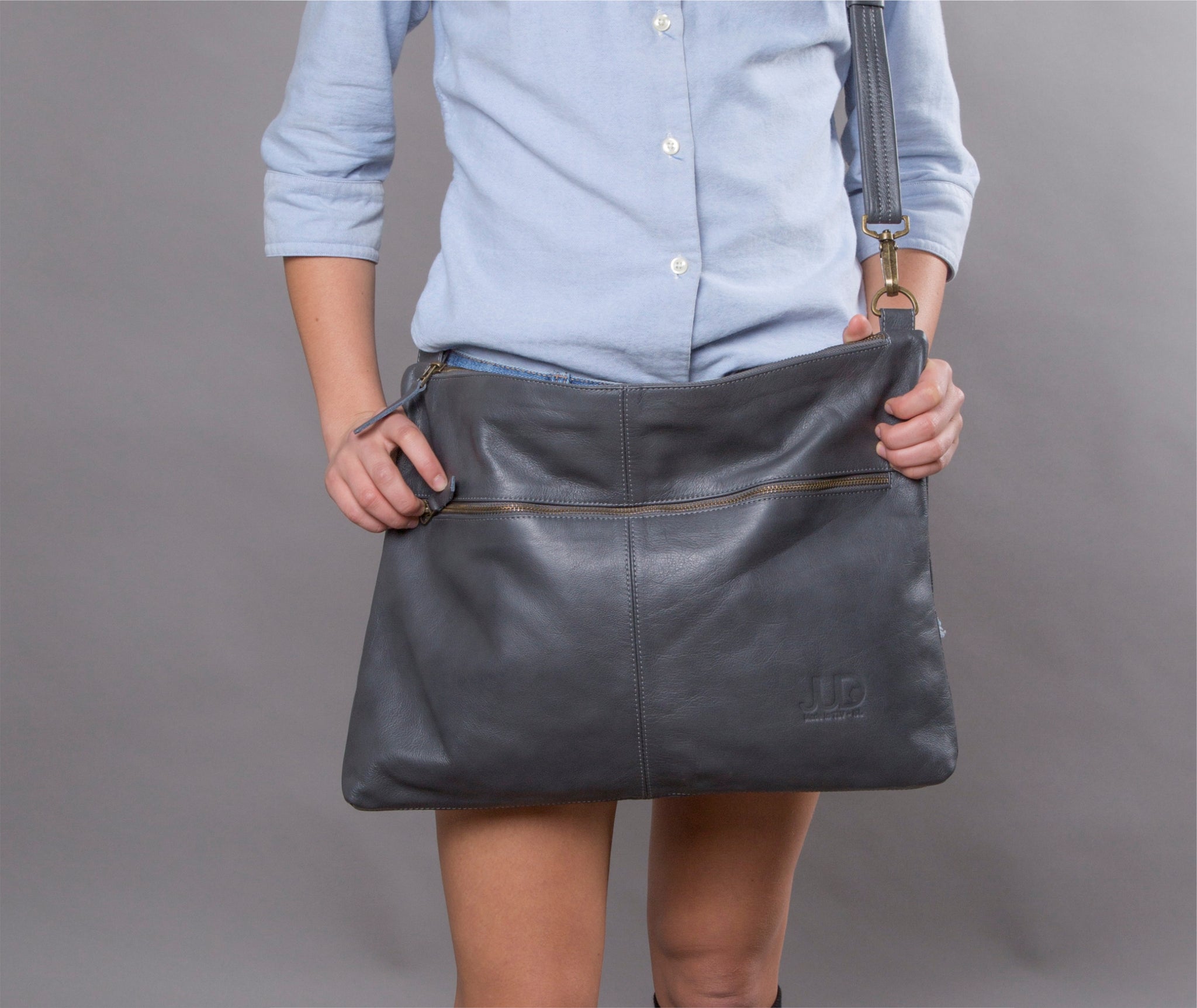 gray designer messenger bag handmade with soft Italian Napa leather suitable for laptops up to 17in with adjustable & detachable matching leather strap can be carries as a crossbody bag, shoulder bag, oversized clutch