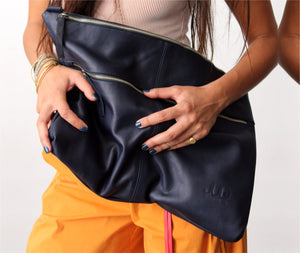 Navy blue designer messenger bag handmade with soft Italian Napa leather suitable for laptops up to 17in with adjustable & detachable matching leather strap can be carries as a crossbody bag, shoulder bag, oversized clutch