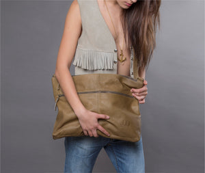 olive green designer messenger bag handmade with soft Italian Napa leather suitable for laptops up to 17in with adjustable & detachable matching leather strap can be carries as a crossbody bag, shoulder bag, oversized clutch