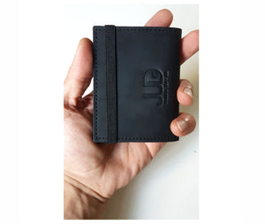 Black handmade Italian leather bifold wallet. The perfect lightweight slim wallet to fit seamlessly in your pocket. This cards wallet features a coin pocket, and secure rubber band & metal clip for bills.