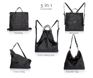 black leather convertible tote backpack 5in1 Convertible Leather Backpack, Handbag, Tote, Crossbody & Shoulder Bag – judtlv