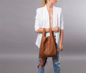 Brown soft leather tote bag handmade with premium quality Italian Napa leather 