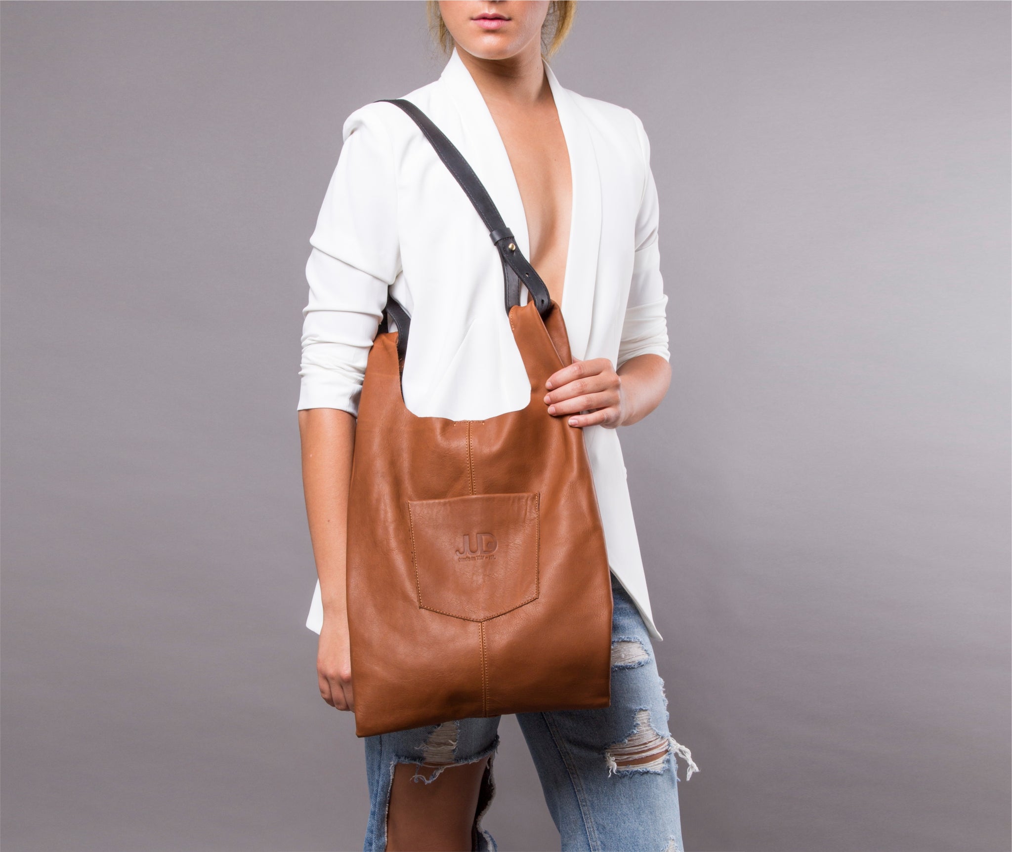 Brown soft leather tote bag handmade with premium quality Italian Napa leather 